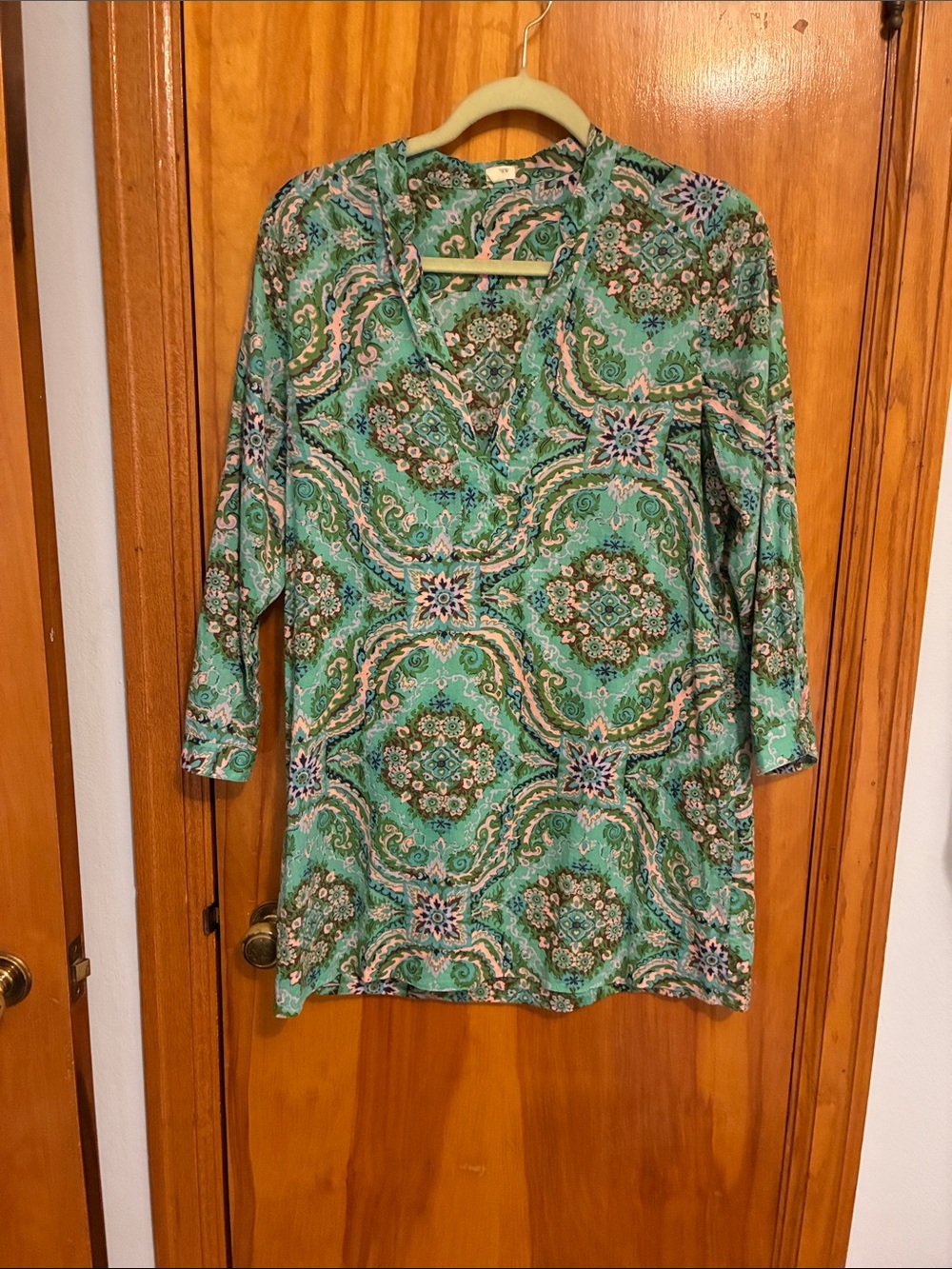 J. Crew Green Paisley V-Neck Tunic